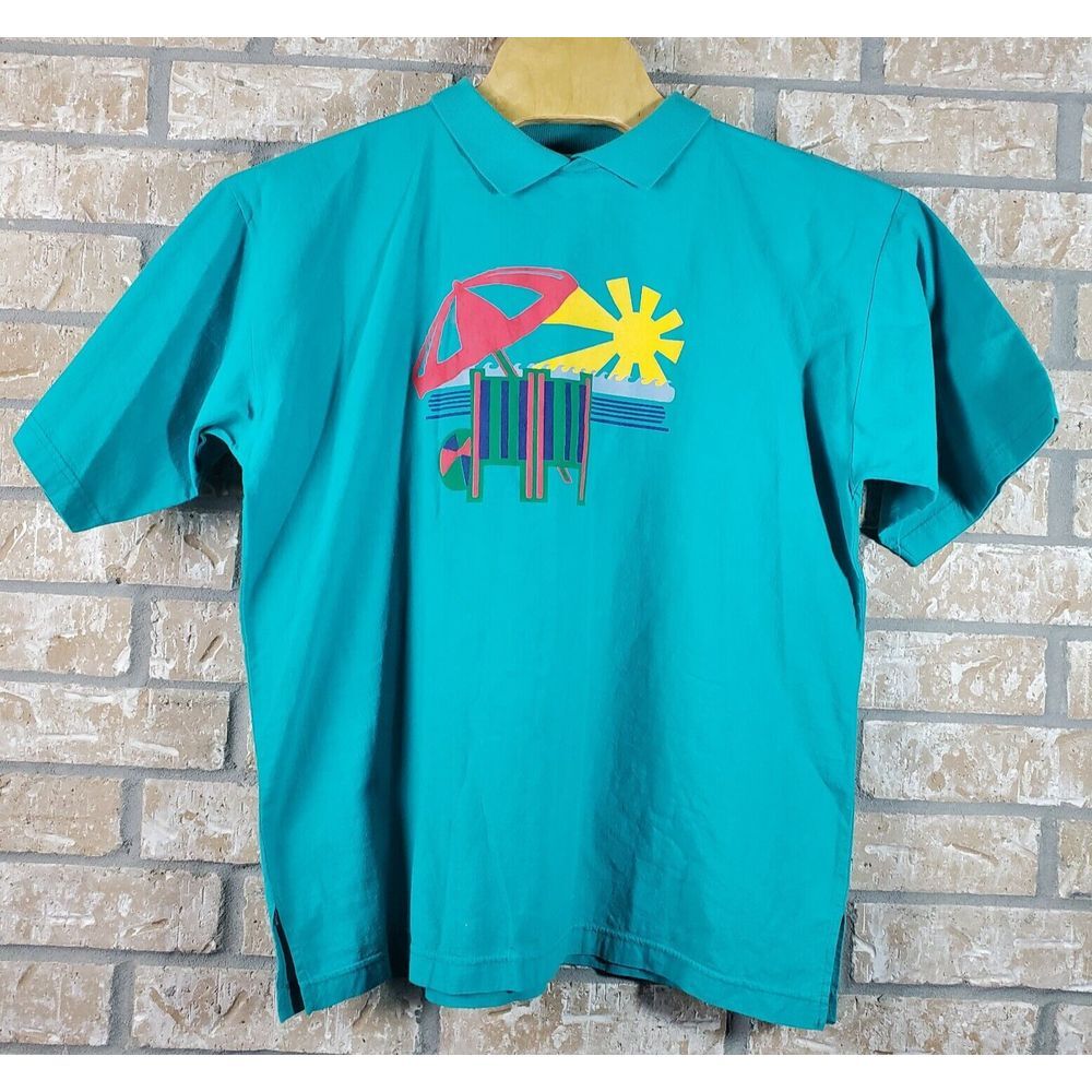 SK Sport Beach Art Scene Vintage Collared Shirt‎ Men Size Large Made in USA